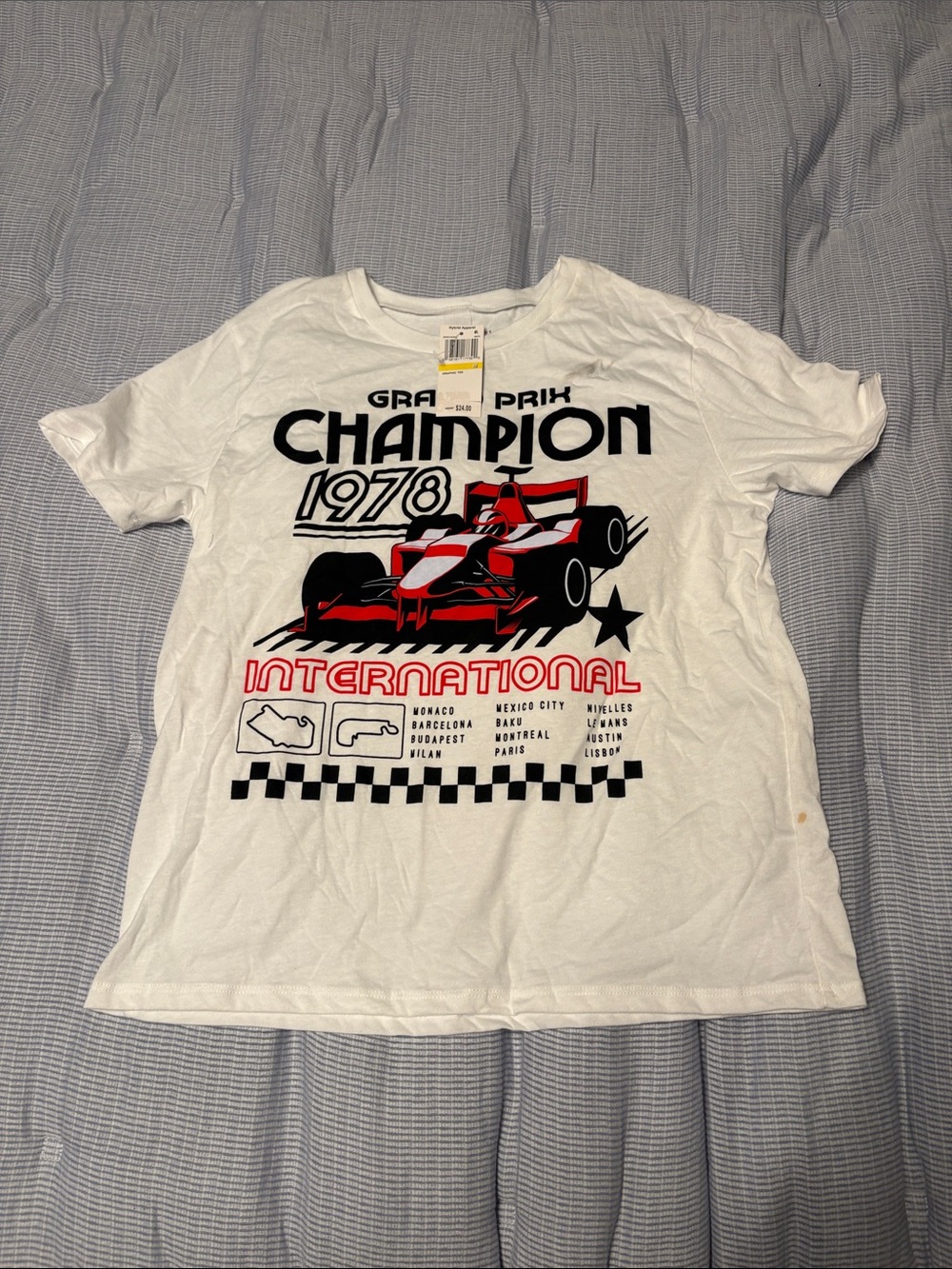 Love Tribe White Short Sleeve Tee with Red and Black Racing Graphic